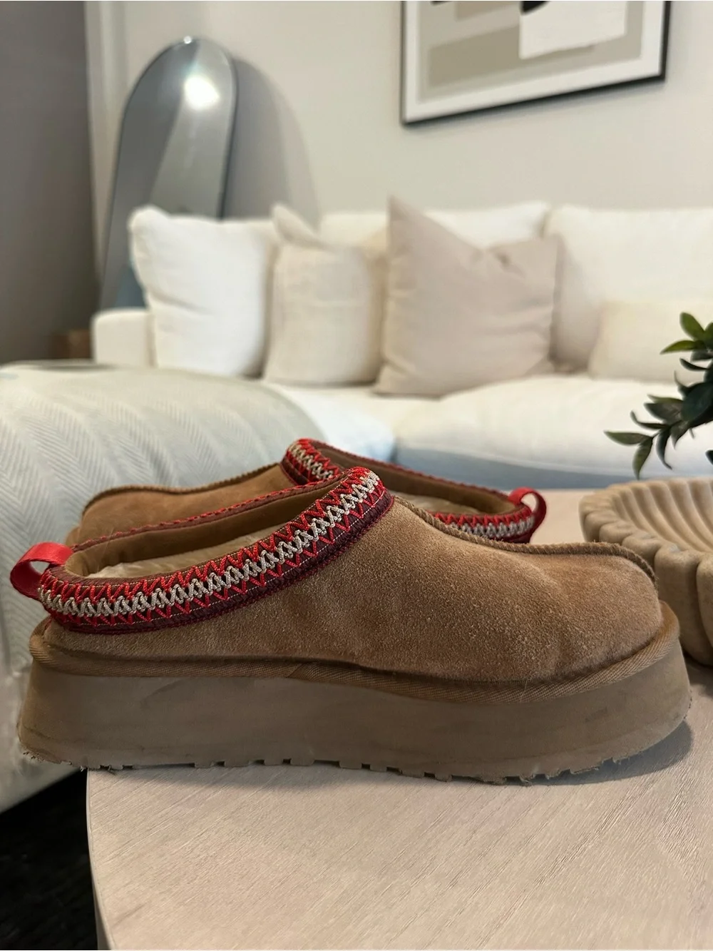UGG Chestnut Suede Mule Slippers with Red Trim
